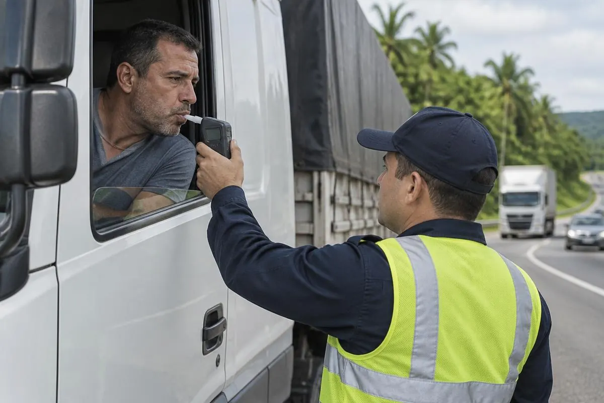 Caminhoneiro realizando teste de bafômetro na cabine durante fiscalização em rodovia brasileira