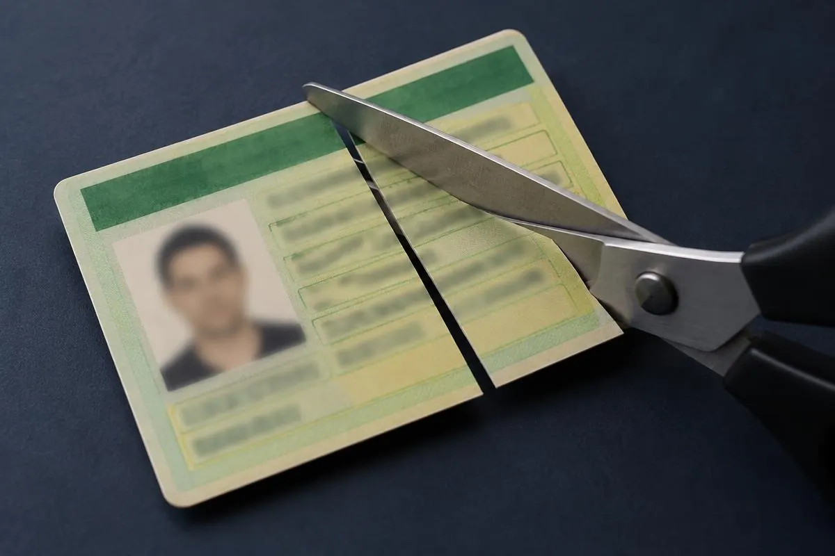Documento no estilo da CNH brasileira sendo cortado por tesoura, com foto e dados desfocados