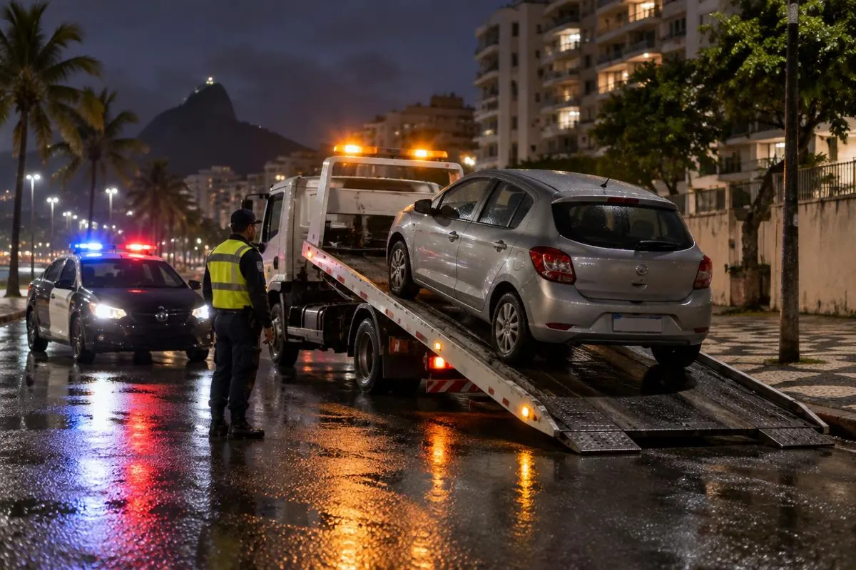 Carro sendo colocado em guincho à noite, com viatura e agente de colete refletivo acompanhando