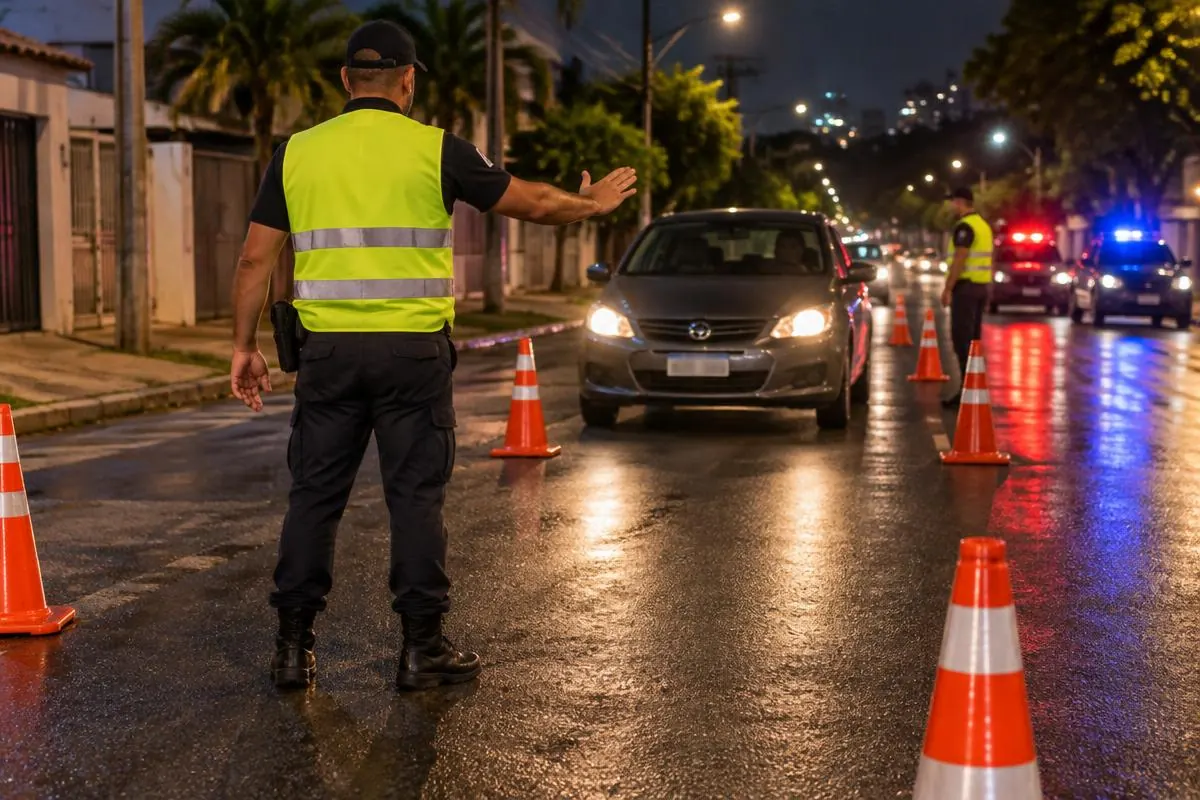 Blitz noturna em avenida brasileira com cones, agentes de colete refletivo e sinalização para parar