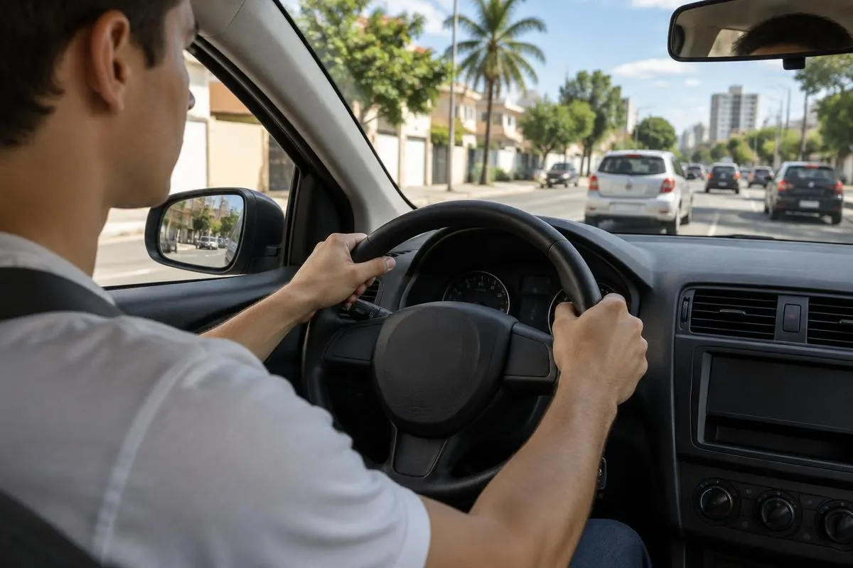 Jovem motorista com as mãos no volante de um carro em rua brasileira ensolarada